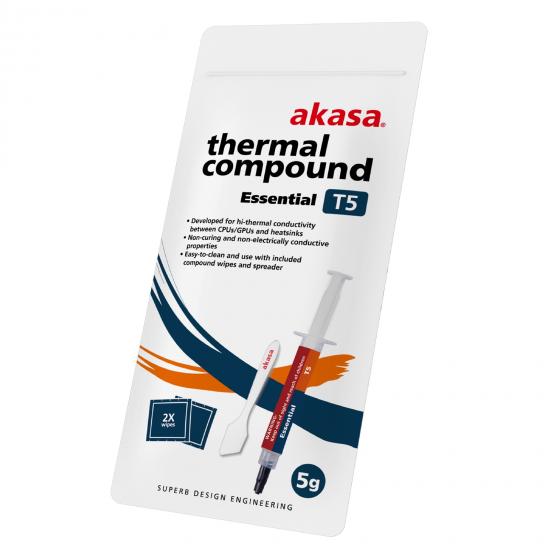 AKASA AK-T505-5G T5 Essential Thermal Compound Syringe, 5g, Grey, Low Thermal Resistance, Non-Curing, Non-Electrically Conductive, Includes Spreader & Cleaning Wipes