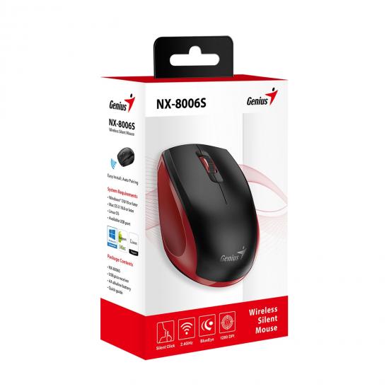 Genius NX-8006S Silent Wireless Mouse, 2.4 GHz with USB Pico Receiver, Adjustable DPI levels up to 1600 DPI, 3 Button with Scroll Wheel, Ambidextrous Design, Black and Red