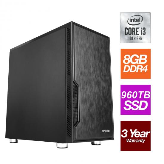 Antec Chassis, Intel i3 10105 10th Gen Quad Core 8 Thread, 3.70GHz (4.40GHz Boost), 8GB DDR4 RAM, 960GB SSD - Pre-Built Office or Home PC