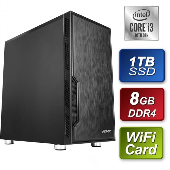 Intel i3-10105 Quad Core 8 Threads 3.7GHz (4.40GHz Boost) CPU, 8GB DDR4 RAM, 1TB SSD Wi-Fi Card, Antec VSK Chassis - Pre-Built PC