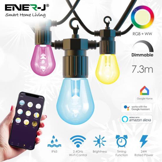 ENER-J Wi-Fi LED 7.3M String Light with RGB+WW,  12pcs LED Bulbs, Plug & Play Power Supply