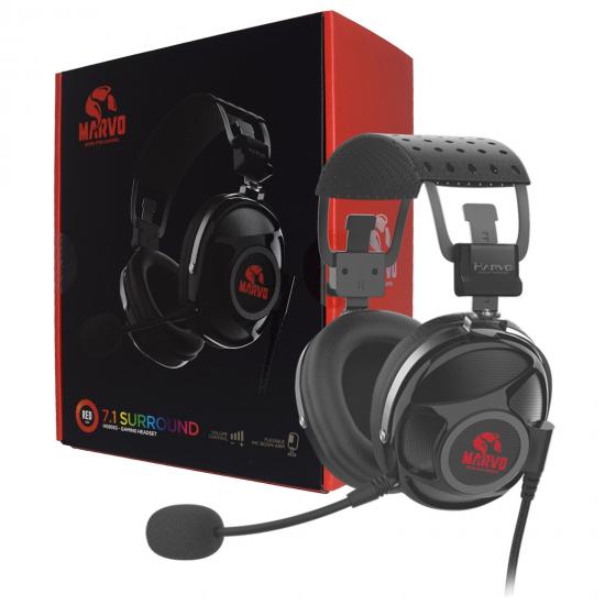 Marvo Scorpion PRO HG9053 Gaming Headset, 7.1 Virtual Surround Sound, Detachable Omnidirectional Microphone, In-line remote control, Red LED Backlight, USB for PC Connection, Black