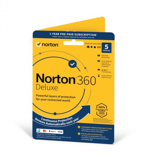 Norton 360 Deluxe 2022, Antivirus Software for 5 Devices, 1-year Subscription, Includes Secure VPN, Password Manager and 50GB of Cloud Storage, PC/Mac/iOS/Android, Retail Boxed